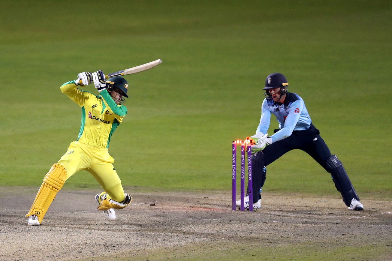 England's Jos Buttler stumps Australia's Alex Carey to win the second Royal London ODI match at Emirates Old Trafford in Manchester.