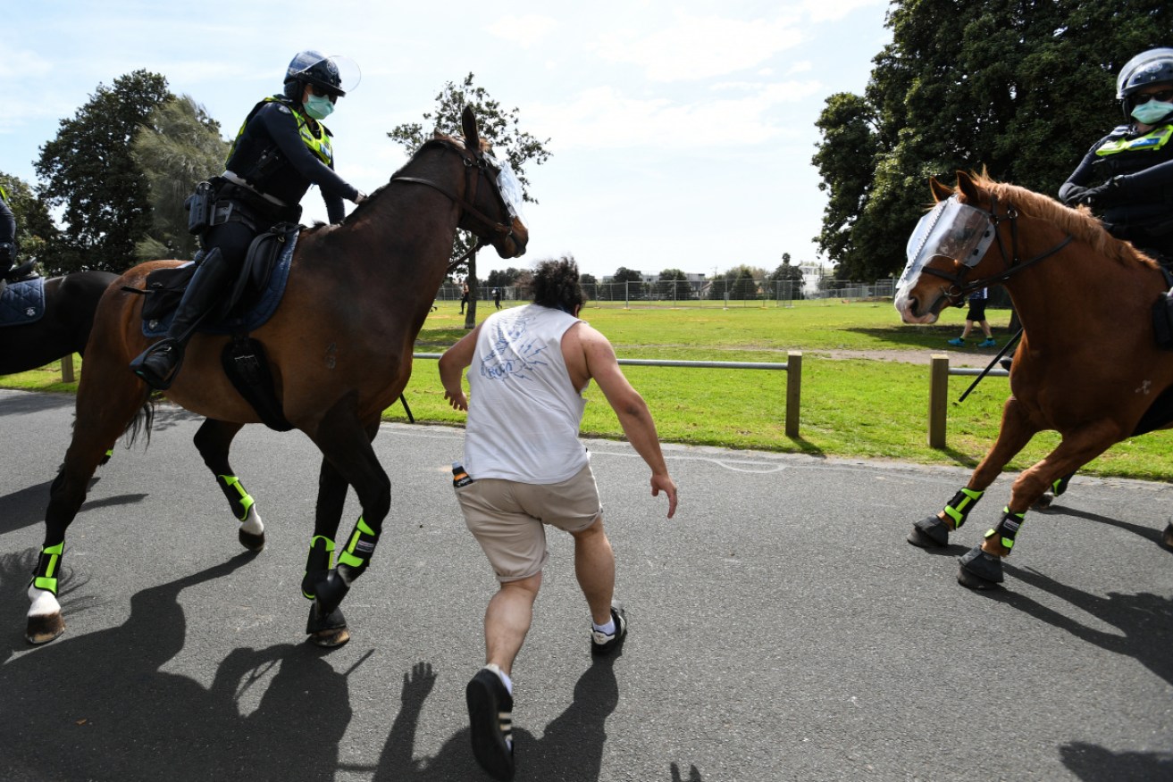 Horse chases, running and fence jumping were features of the disjointed anti-lockdown protests in Melbourne on Saturday. 