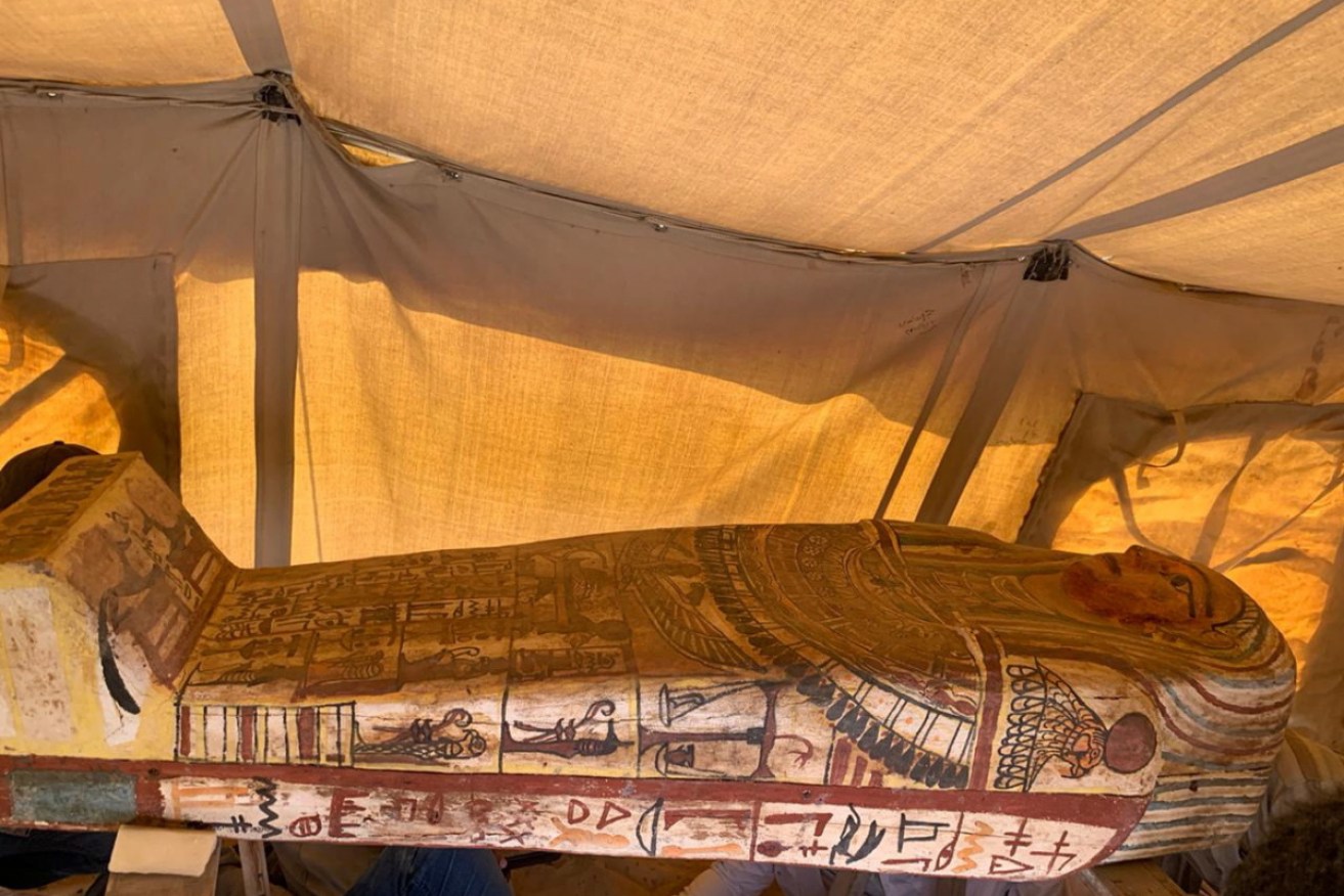 One of the coffins discovered at the ancient burial shaft south of Cairo.
