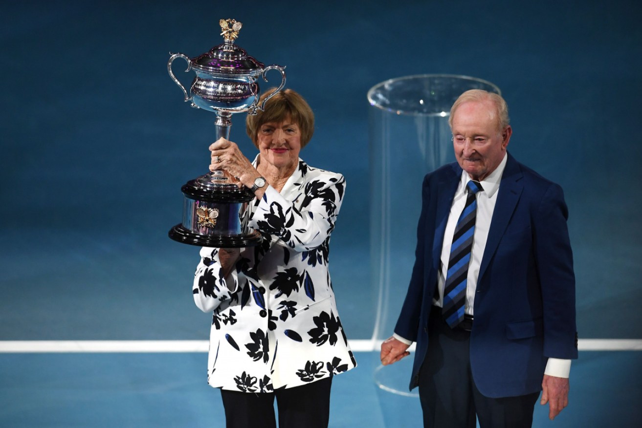 Margaret Court and Rod Laver on the arena named in her honour in January.