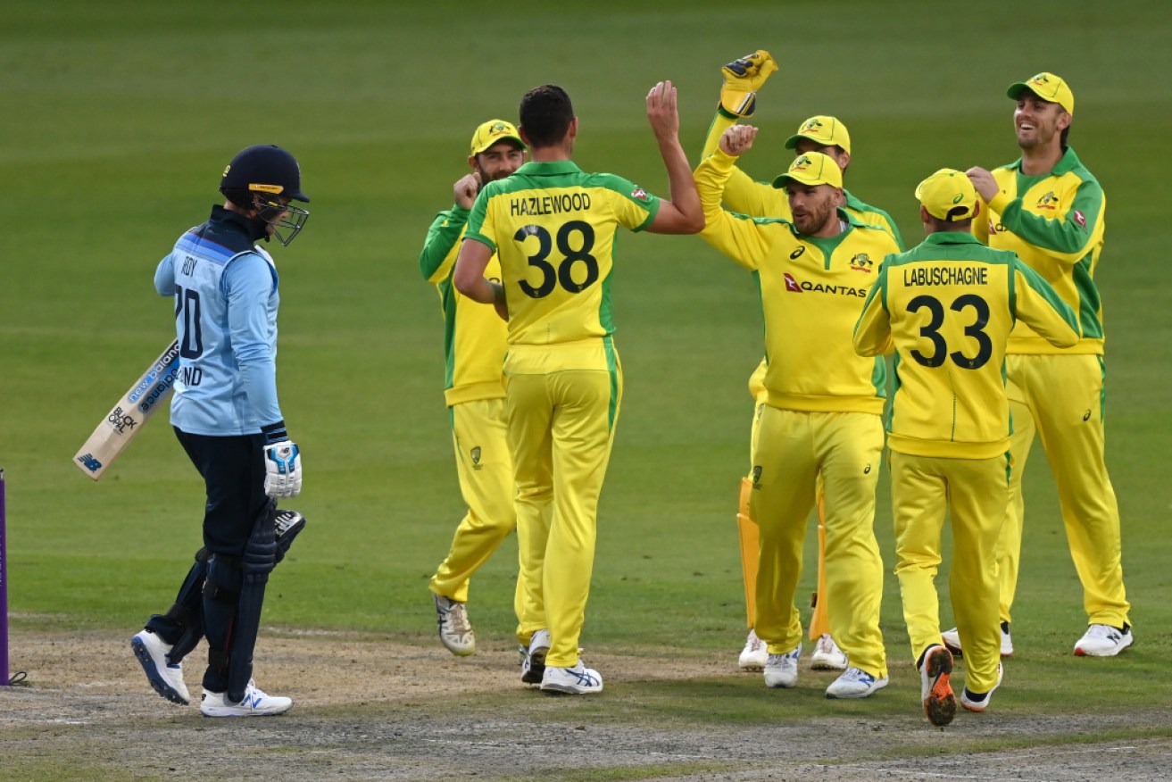 Australia's Josh Hazlewood of  celebrates dismissing England's Jason Roy.