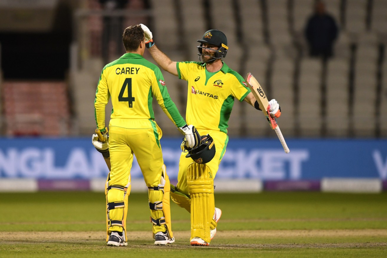 Alex Carey celebrates his century with Glenn Maxwell.