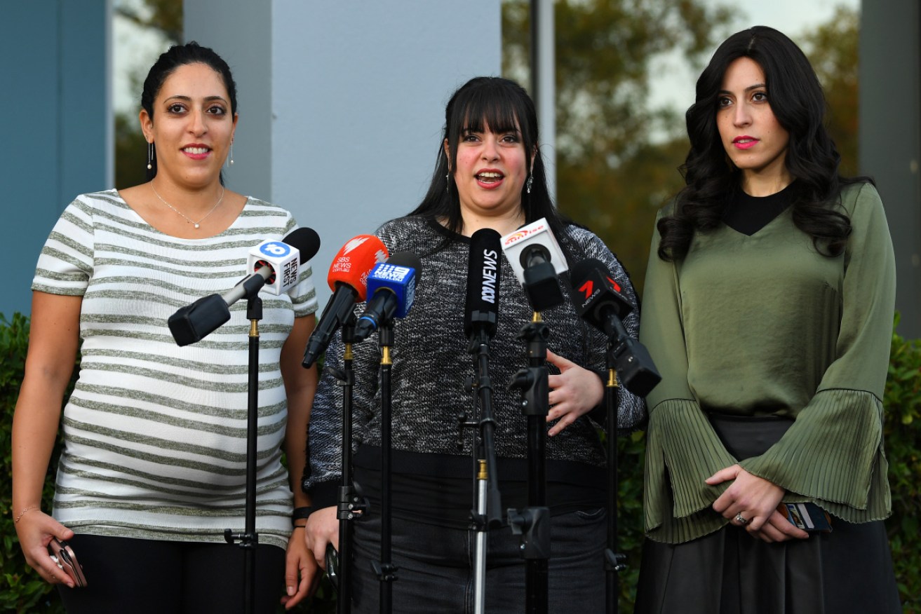 Sisters Elly Sapir, Dassi Erlich and Nicole Meyer, who are alleged victims of Malka Leifer, in Melbourne in May. Photo: AAP