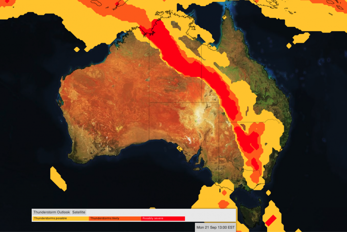 The thunderstorm outlook for early on Monday.