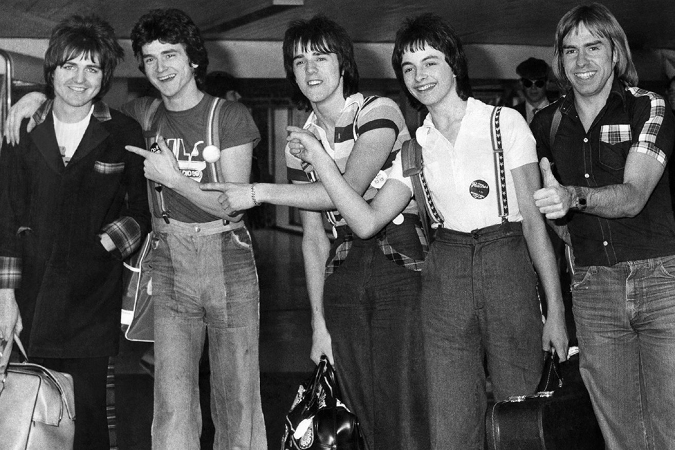 The Bay City Rollers at Heathrow Airport in April 1976 including Ian Mitchell (second from right).