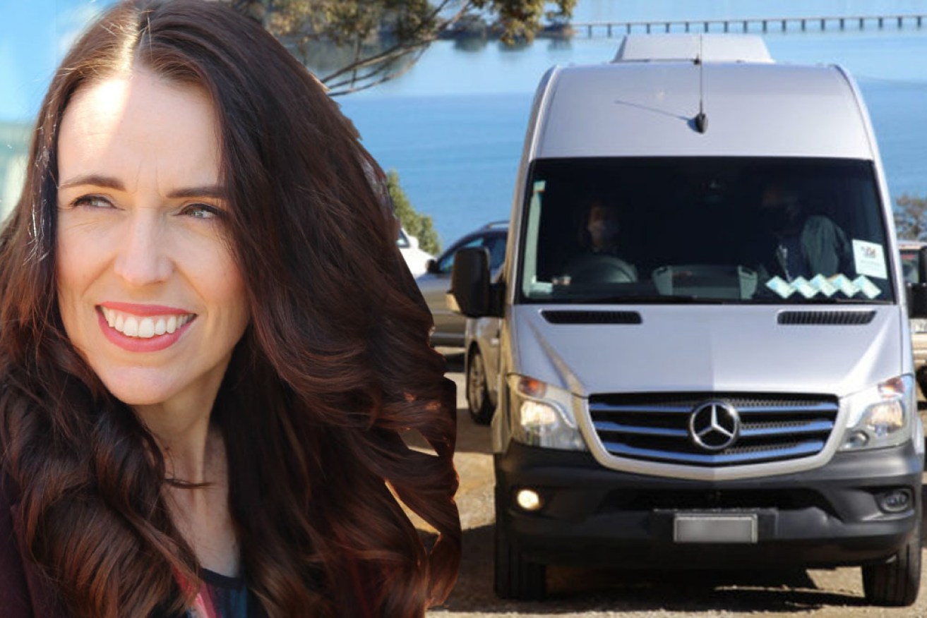 New Zealand Prime Minister Jacinda Ardern's van pulls up at a Maori housing development on the outskirts of Tauranga during her election campaign on Tuesday.
