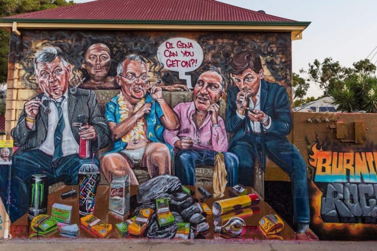 Scott Marsh's mural in March, showing Liberal and National politicians smoking coal using ice pipes.