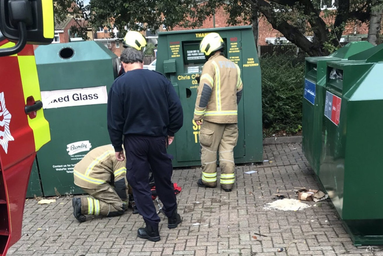 The scene outside the charity bin in London.