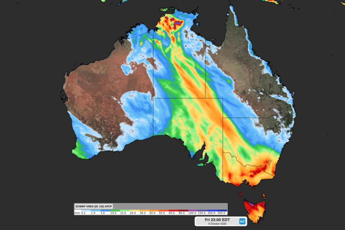 A model showing total rainfall predicted across Australia from Tuesday to Friday.