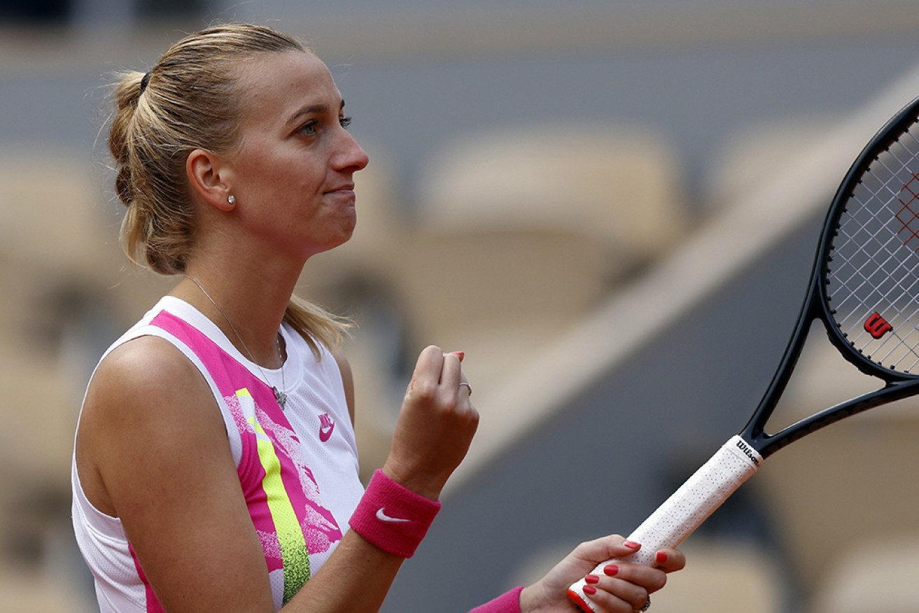 Petra Kvitova savours her win over Laura Siegemund in their French Open quarter-final at Roland Garros on Wednesday.