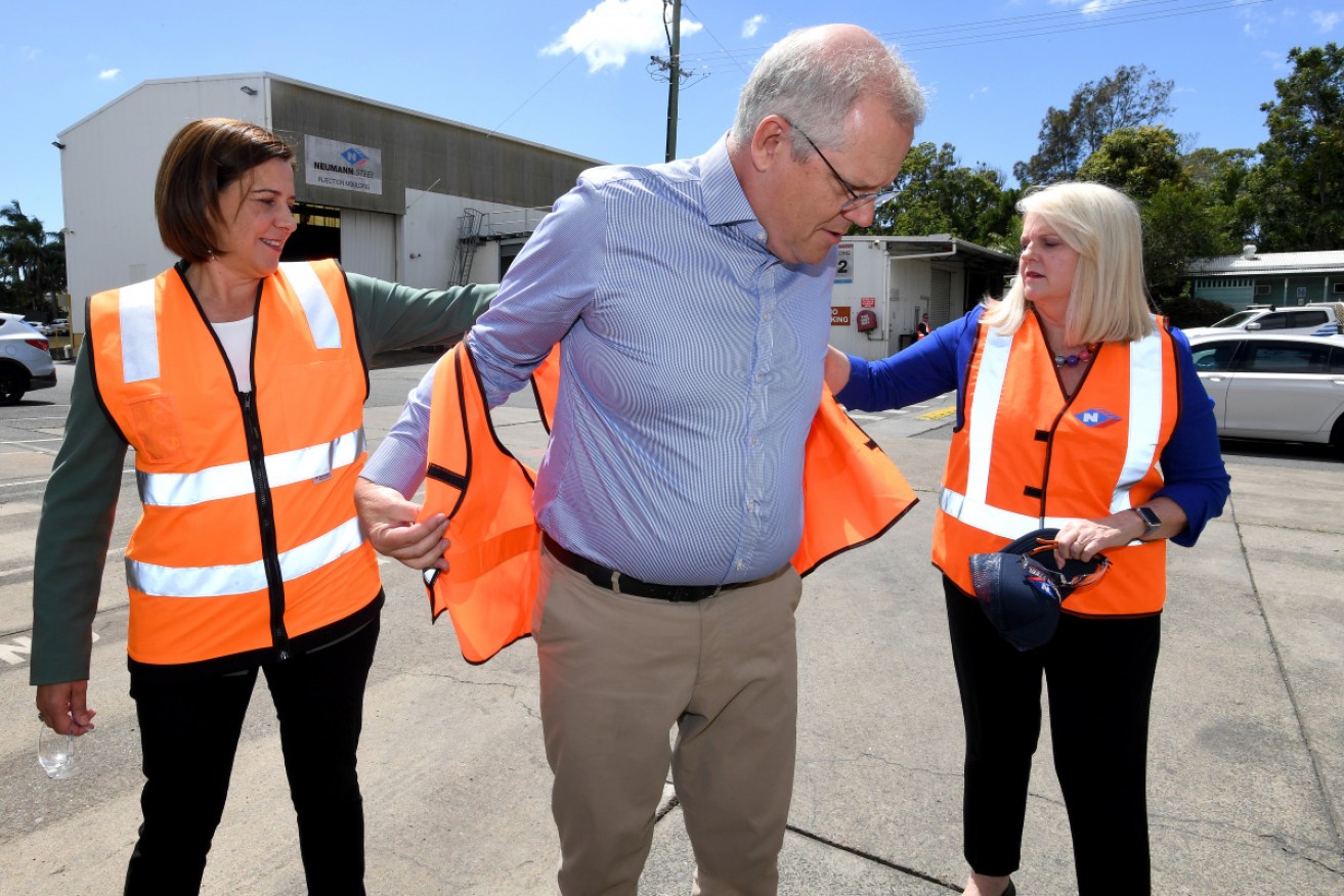 Scott Morrison on the state election campaign trail with Queensland LNP leader Deb Frecklington (left) and Karen Andrews.