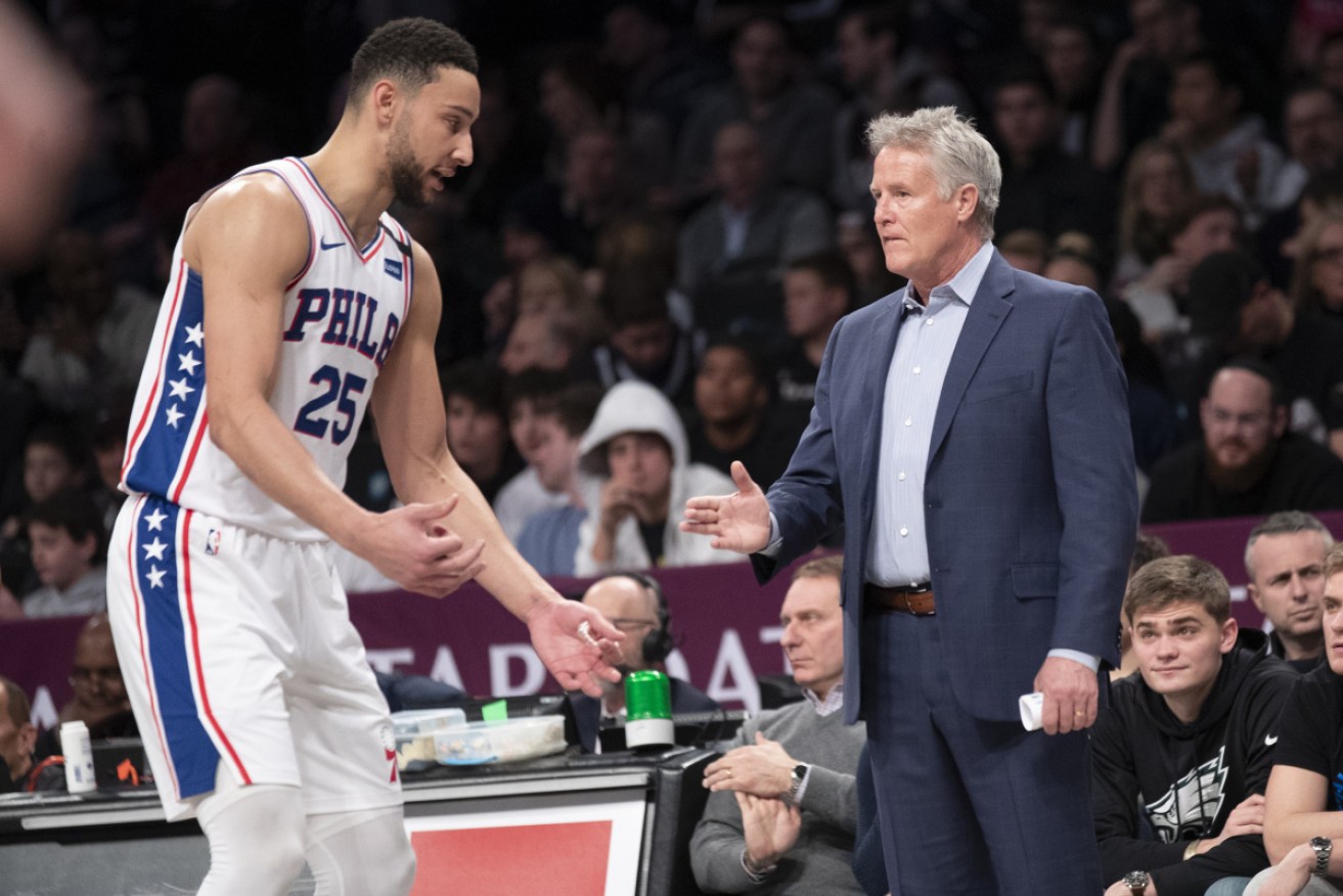 Philadelphia 76ers guard Ben Simmons talks to head coach Brett Brown in January in New York.