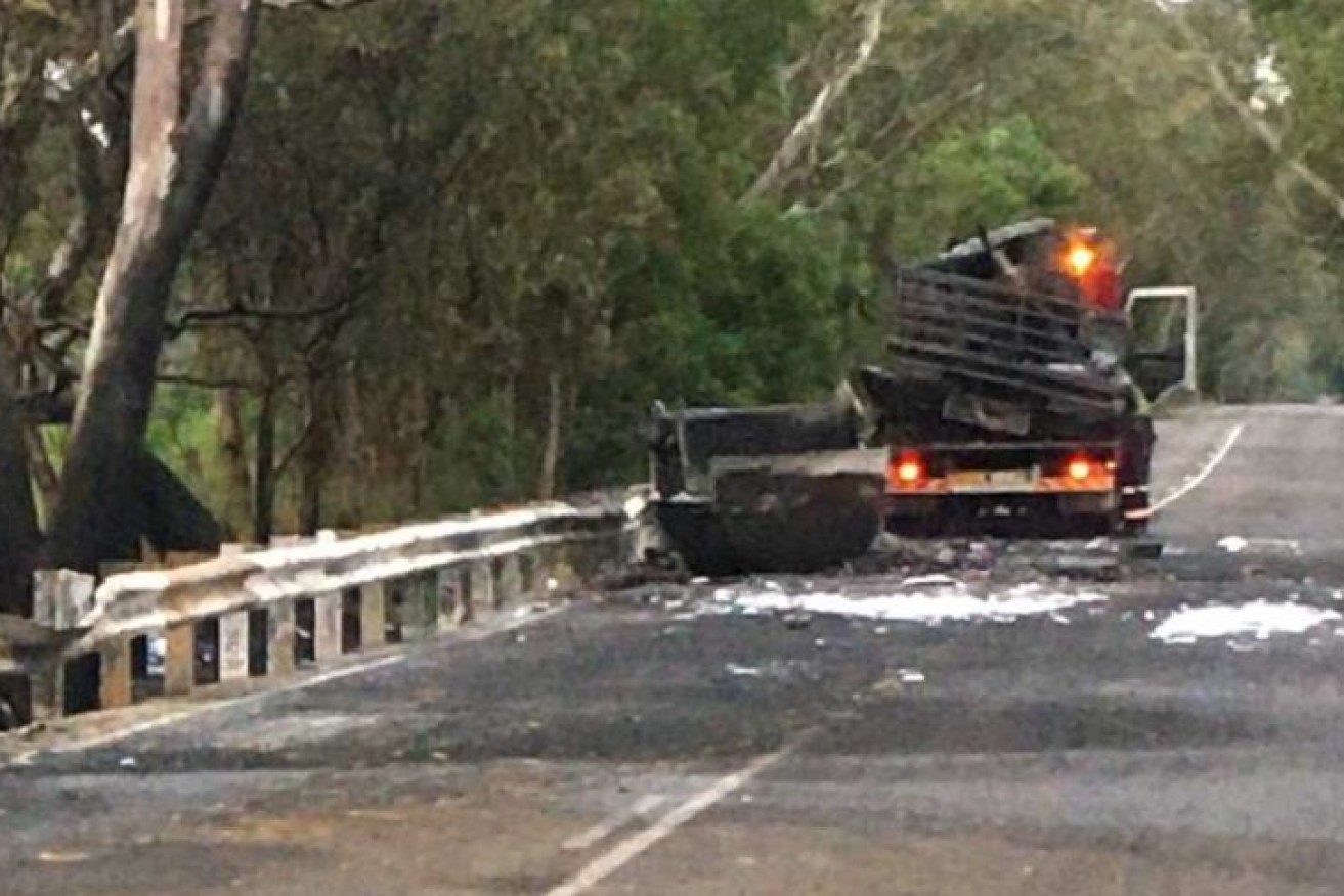 The remains of the fuel tanker after the crash on Brookman Road at Meadows.