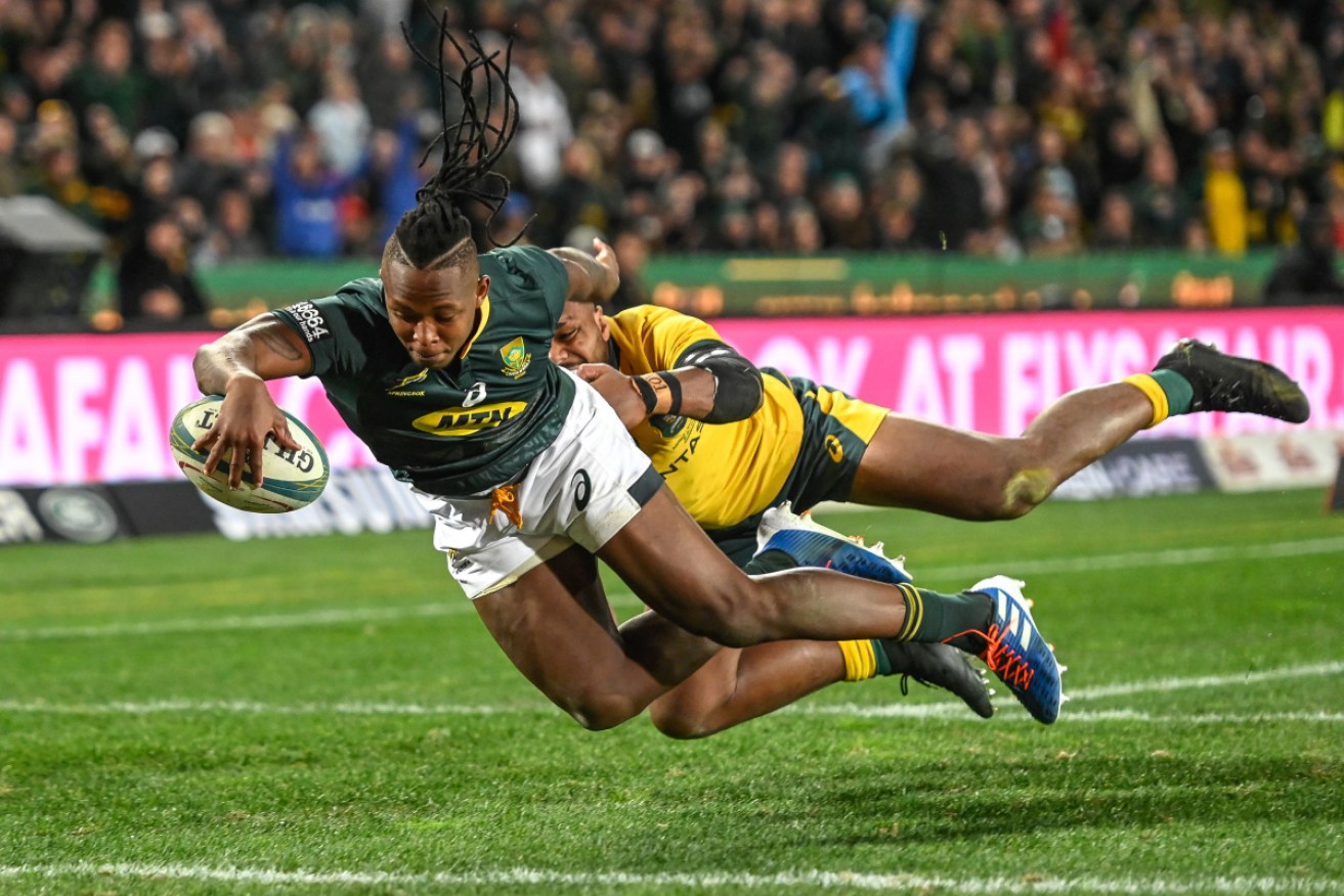 South Africa's S'busiso Nkosi scores a try during the 2019 Rugby Championships.