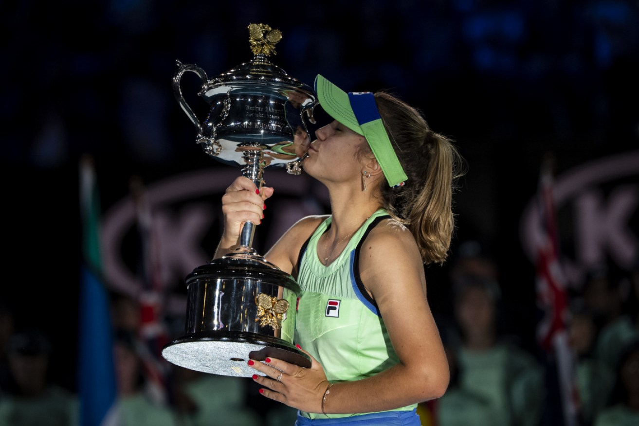 American Sofia Kenin celebrates winning the women's title in Melbourne in February 2020.