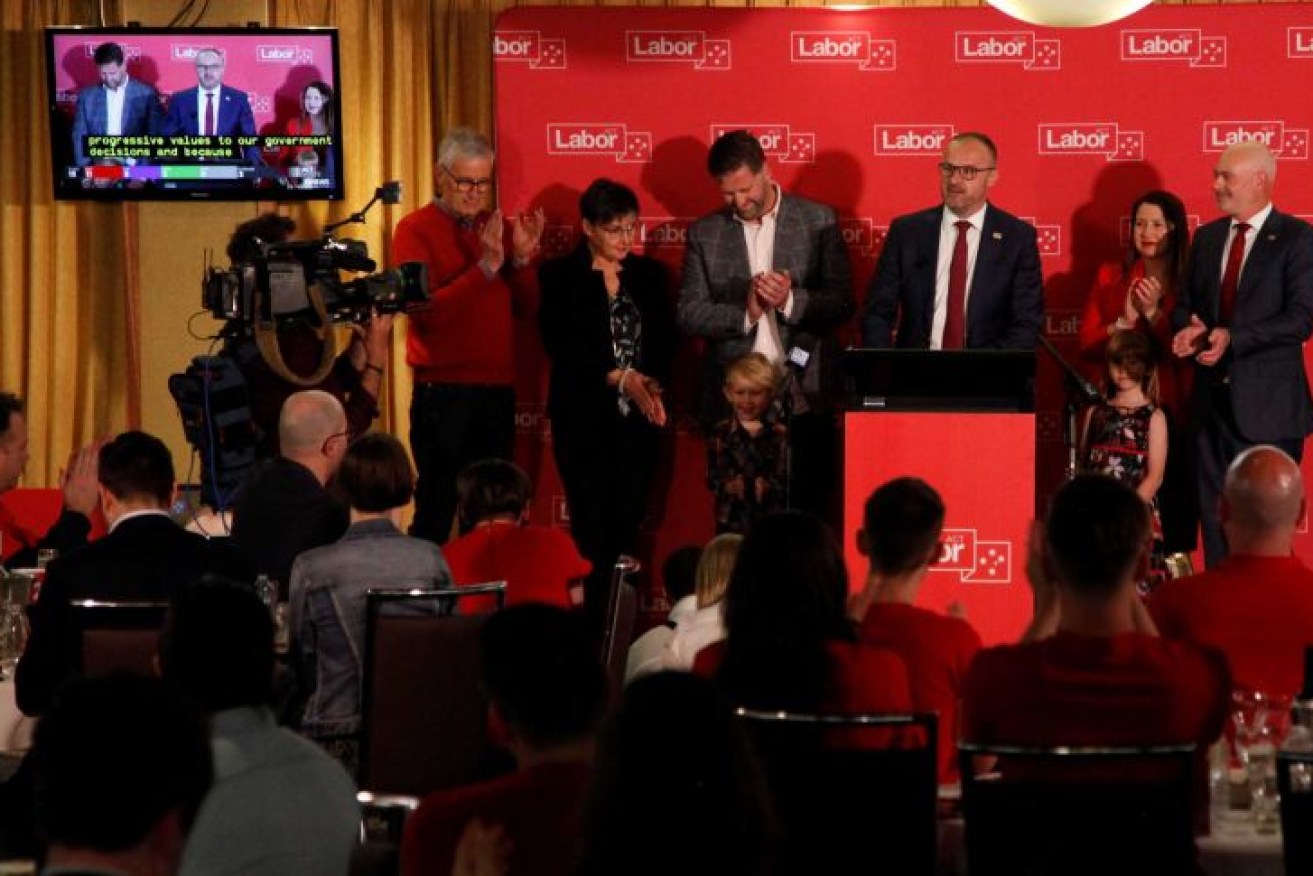 Andrew Barr celebrates a Labor victory with family and party faithful at the Belconnen Labor Club.
