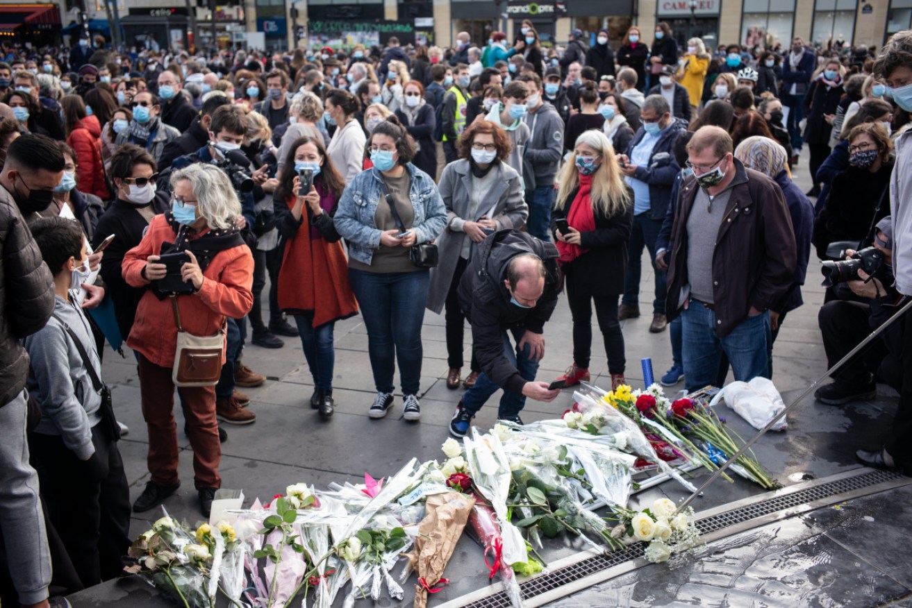 Thousands gathered at the Place de la Republique to protest and pay tribute to 47-year-old history teacher Samuel Paty.