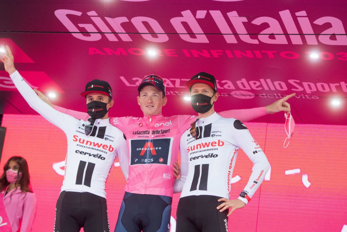 Australian rider Jai Hindley of Team Sunweb (L) after the 21st and final stage of the Giro d'Italia cycling race on Sunday.