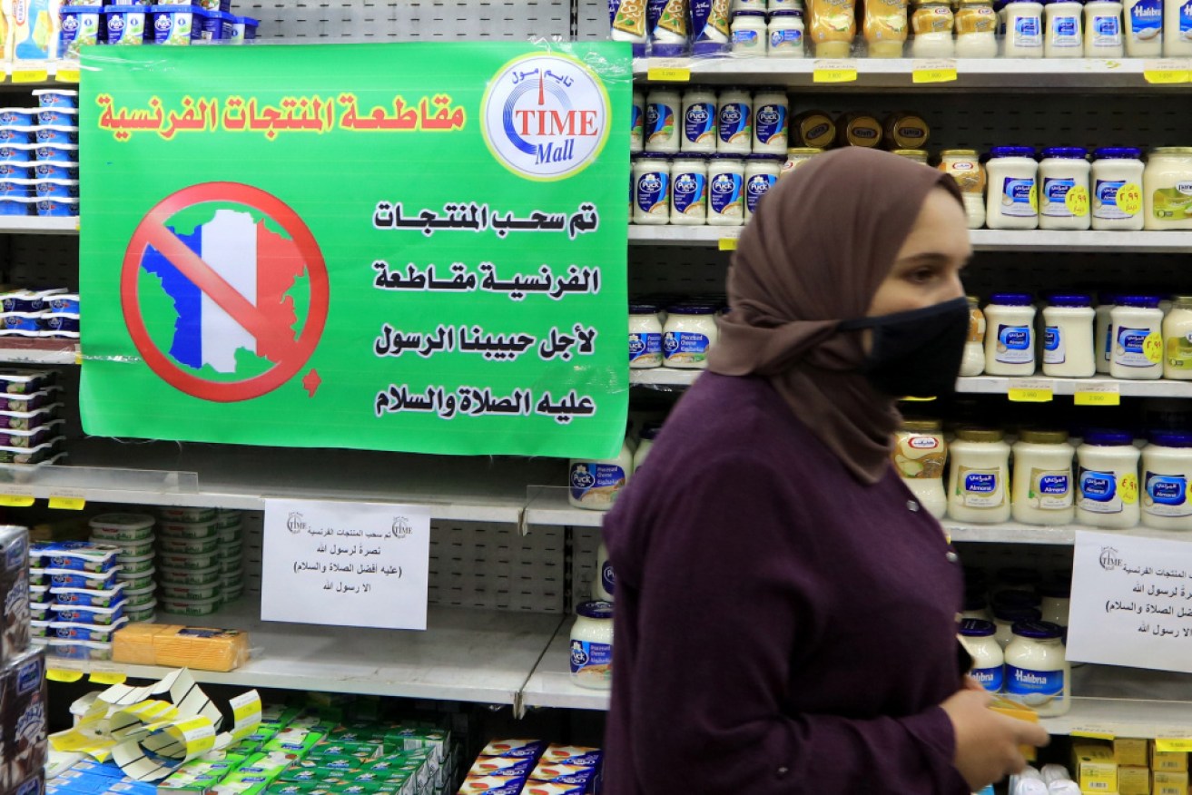 A supermarket in Jordan strips its shelves of French products – and explains why. <i>Photo: AAP</i>