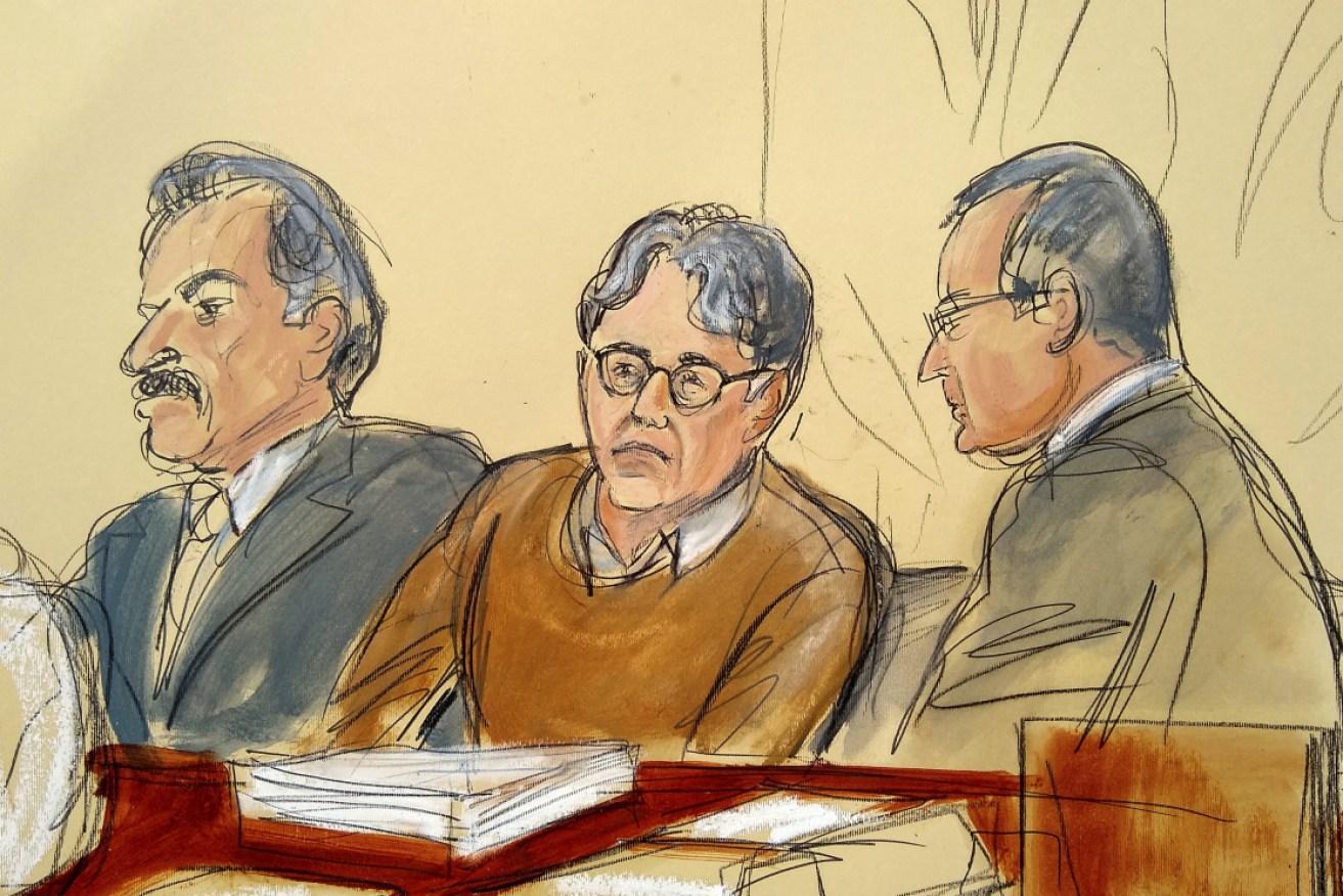 A court artist's sketch of Keith Raniere (centre) with his lawyers.