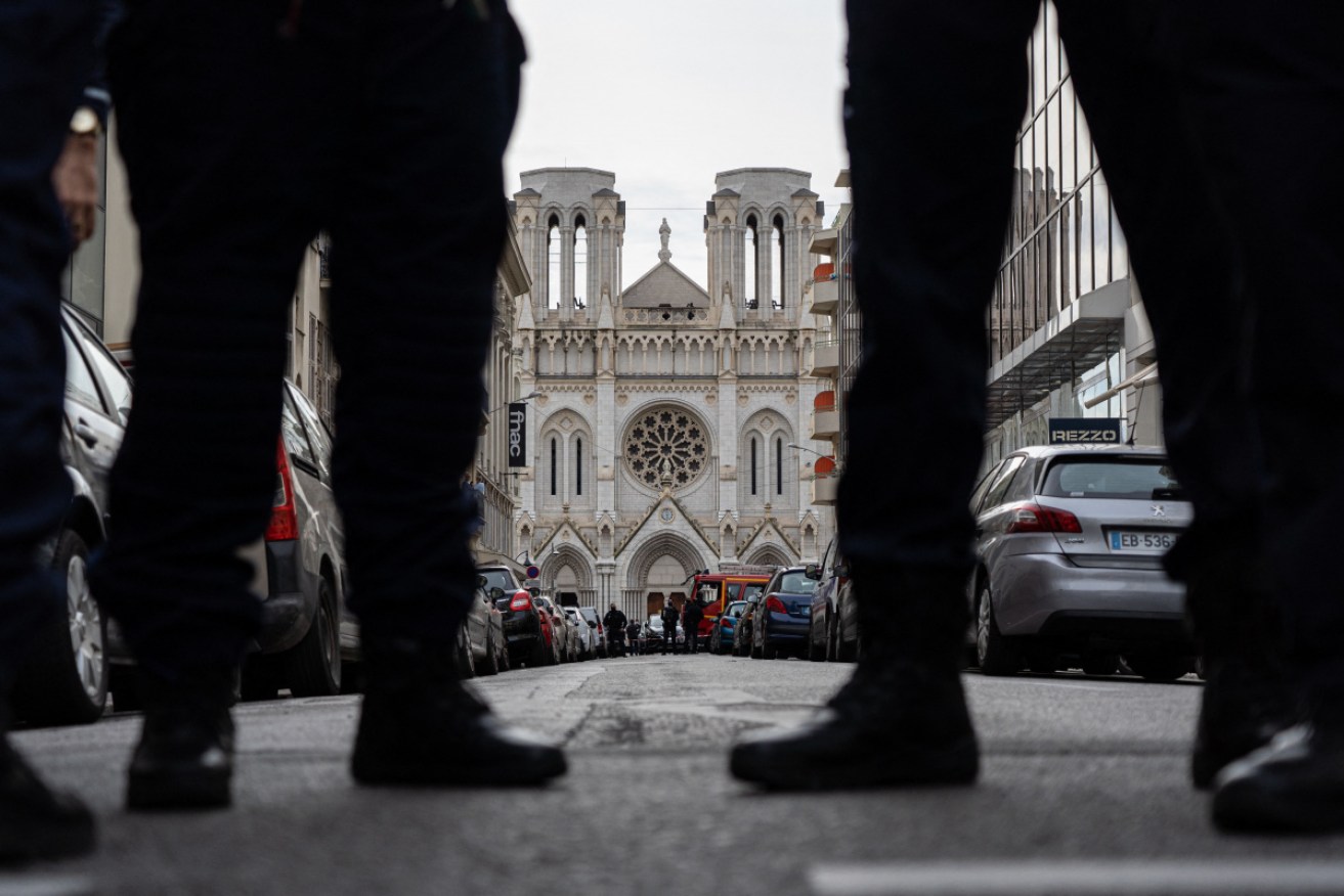 Police outside the Basilica of Notre-Dame de Nice after Thursday's knife attack in Nice.