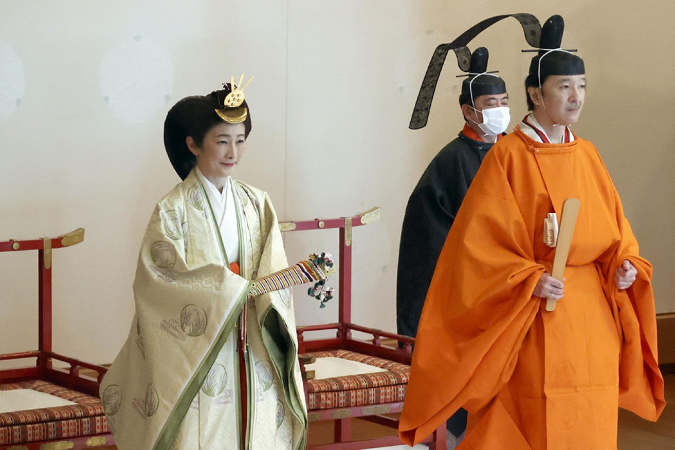 Crown Princess Kiko and Japanese Crown Prince Fumihito at the Imperial Palace in Tokyo on Sunday.