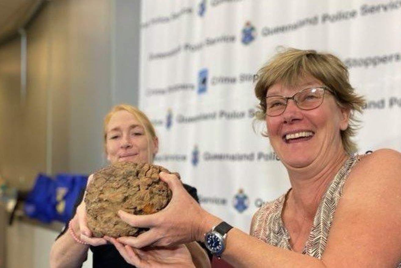 Ghislaine Gallo and Cecelia Boissevain are reunited with the Wolfe Creek meteorite on Monday.