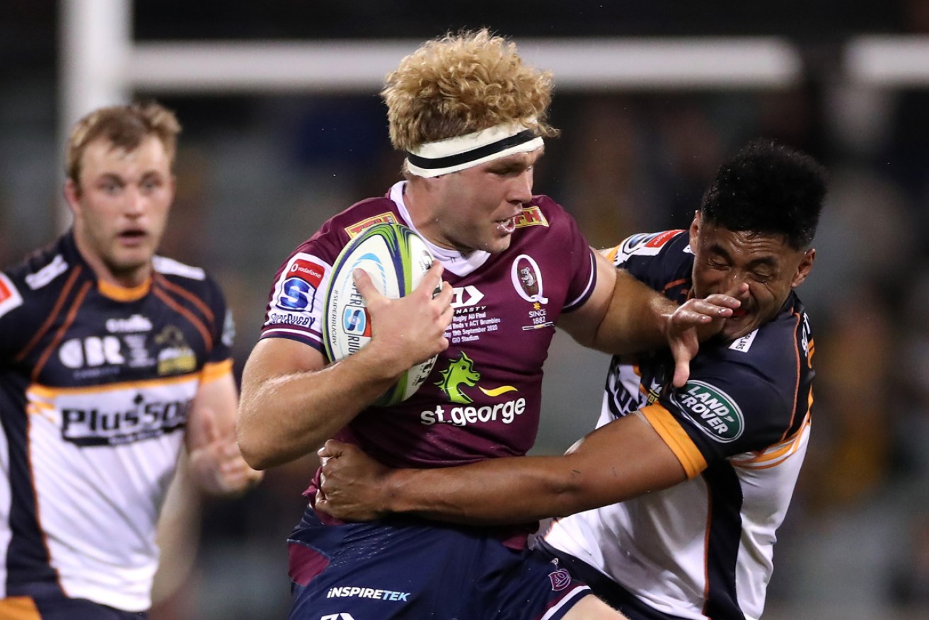 The Reds' Angus Scott-Young in action in the 2020 Australian Super Rugby final.