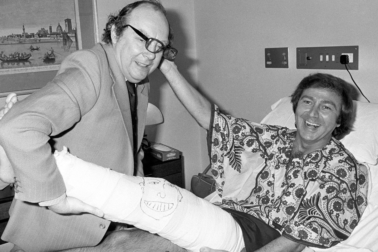 Comedian Eric Morecambe visits Des O'Connor (right) in London’s Wellington Hospital in February 1978.