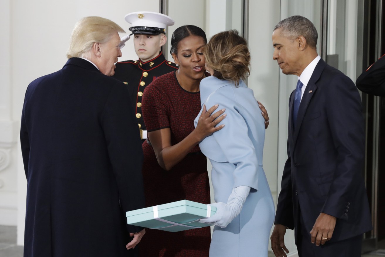 Michelle and Barack Obama greet Donald and Melania Trump at the White House in January 2017.