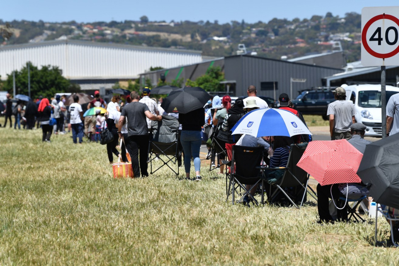 People brought chairs and umbrellas when they joined the lengthy queue at the Parafield Gardens testing site in Adelaide's north.