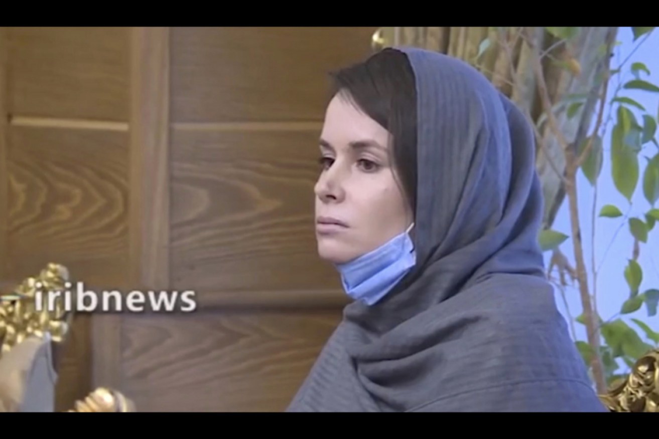 Kylie Moore-Gilbert, in footage released by Iranian state TV, is seen at Tehran airport.