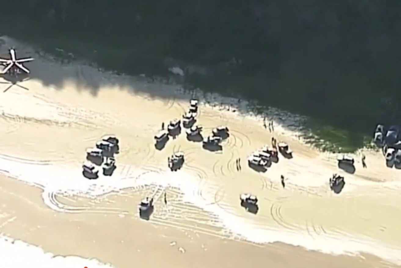 An aerial of Teewah Beach where two men drowned on Saturday. Picture: Channel Nine 