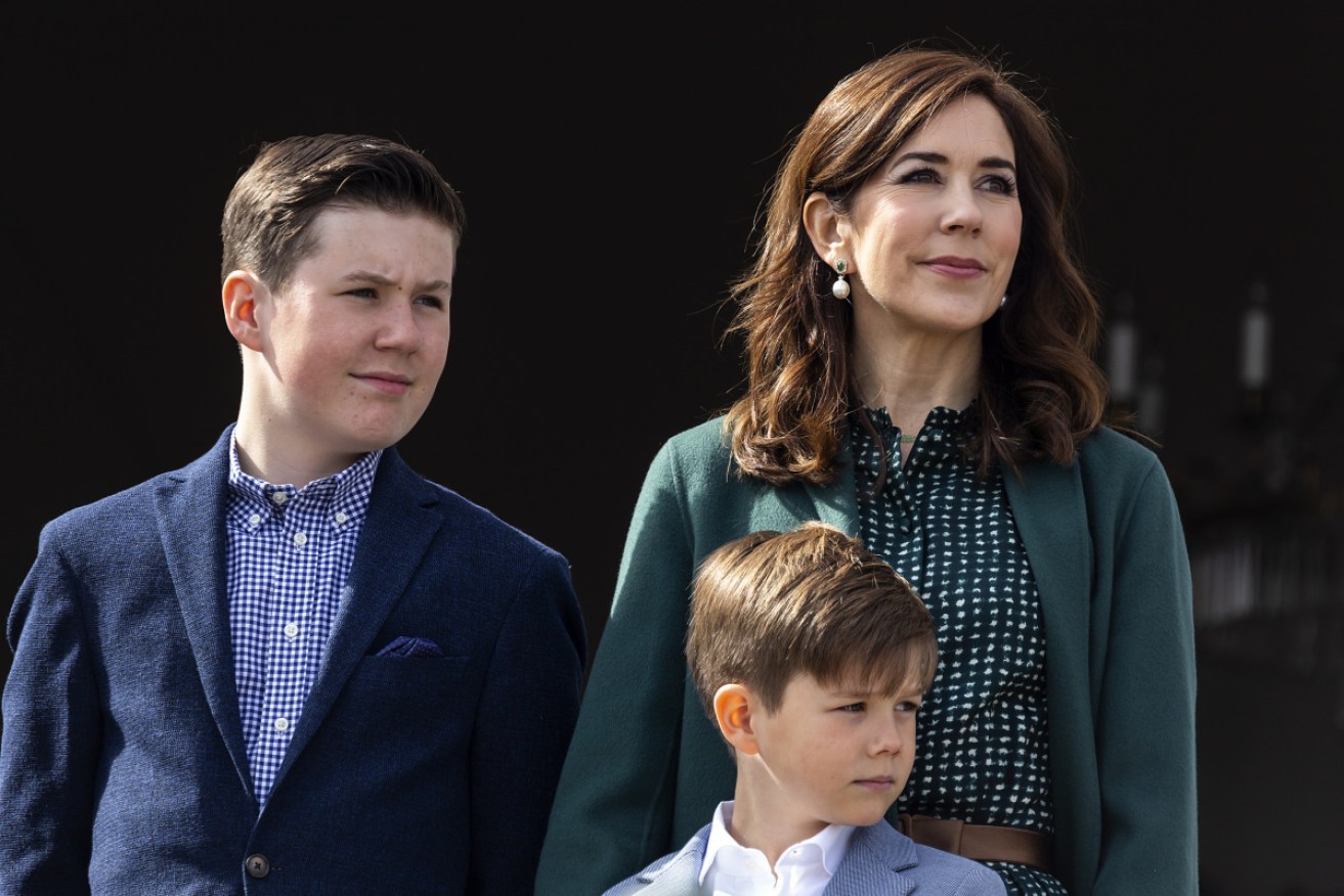 Prince Christian (left) with his mother, Princess Mary, and brother, Prince Vincent, in April.