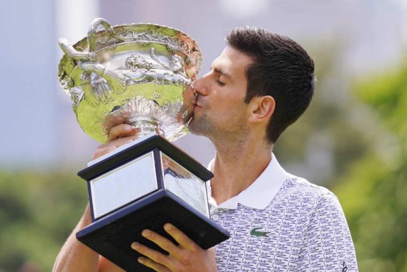 Novak Djokovic after winning the Australian Open men's singles in January 2020.