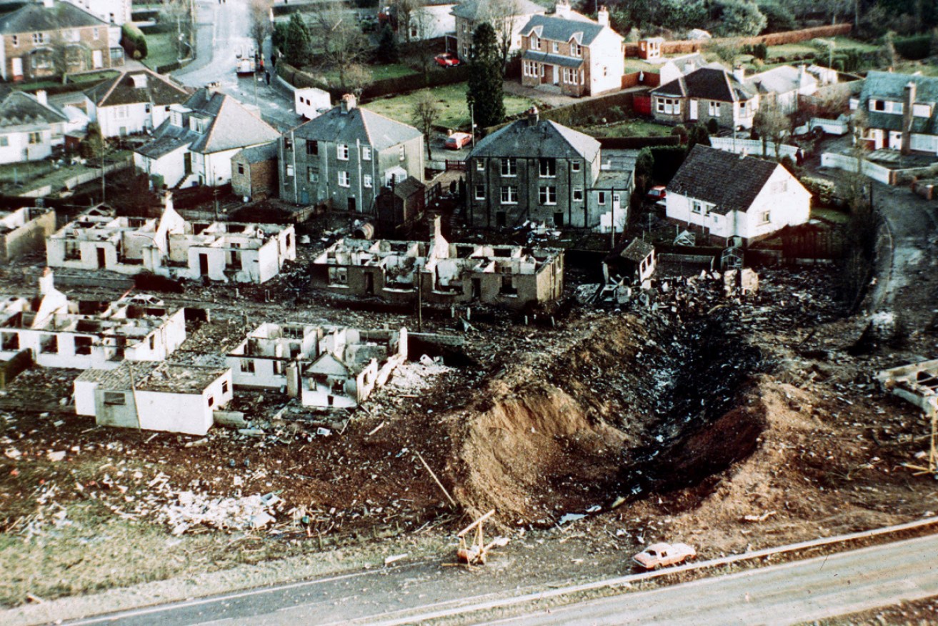 Wrecked houses and a gash in the ground in the Scottish village of Lockerbie after the bombing of the Pan Am flight in 1988.