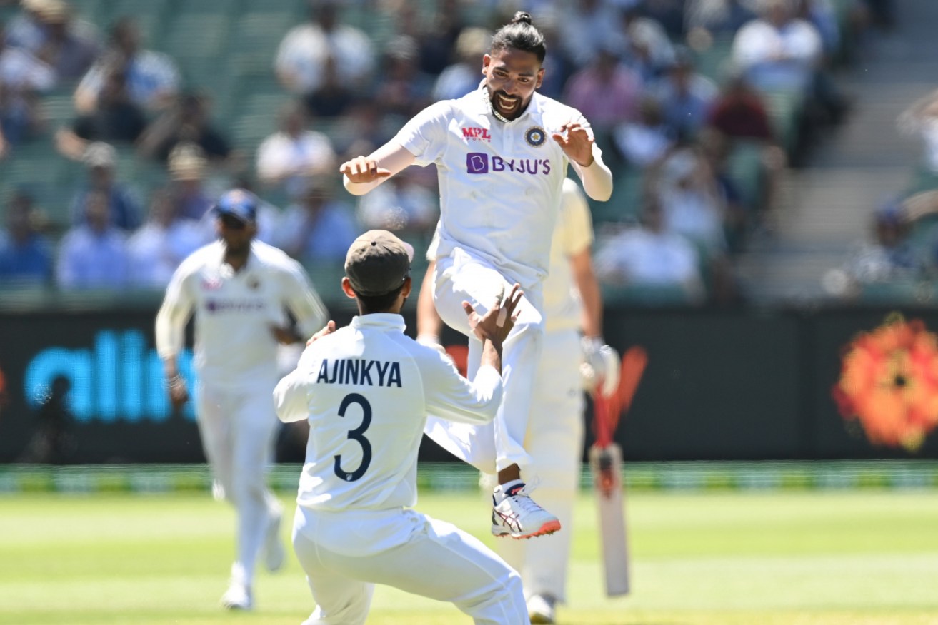  Mohammed Siraj of India celebrates claiming the wicket of Marnus Labuschagne. 
