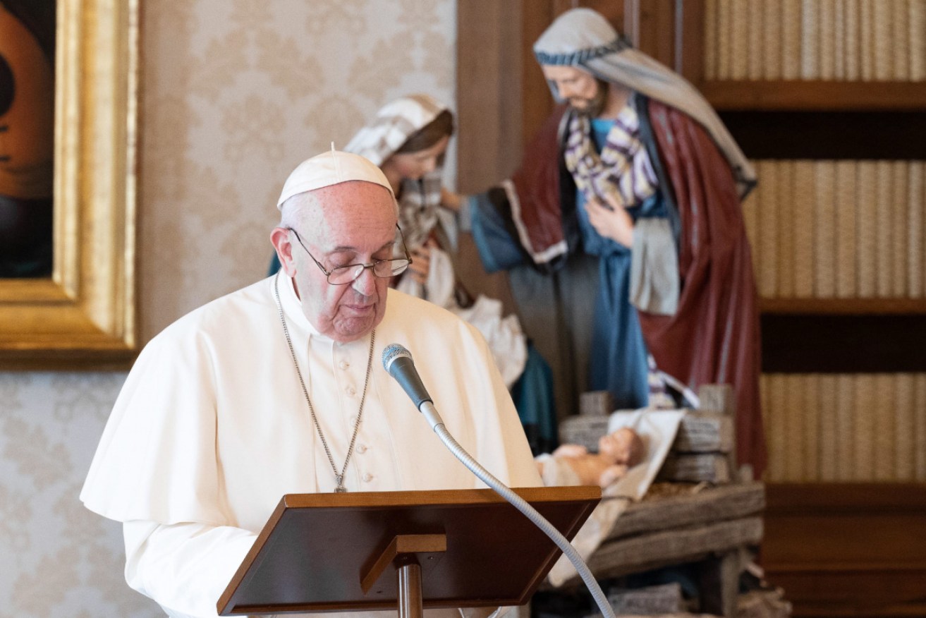 Pope Francis during his Angelus Prayer from the library of the Palazzo Apostolico, in Vatican City on Monday.