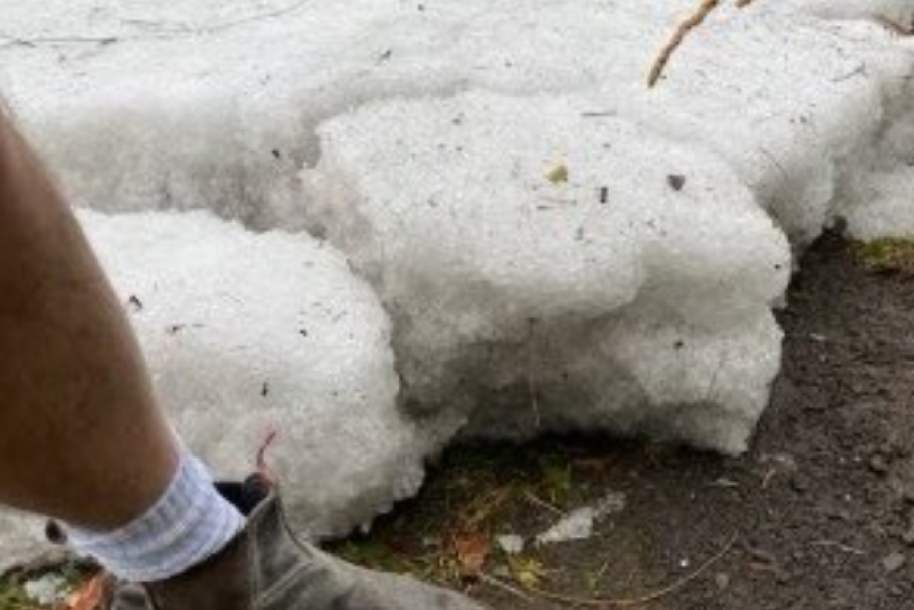 The hail pelting Port Fairy came down so hard it left this fused together block of ice.