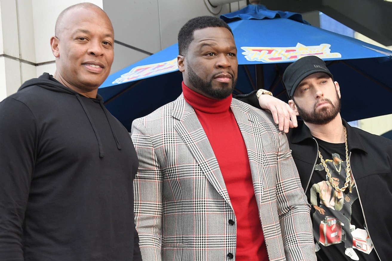 Dr Dre, Curtis ‘50 Cent’ Jackson and Eminem at Jackson’s star  ceremony on January 30, 2020.