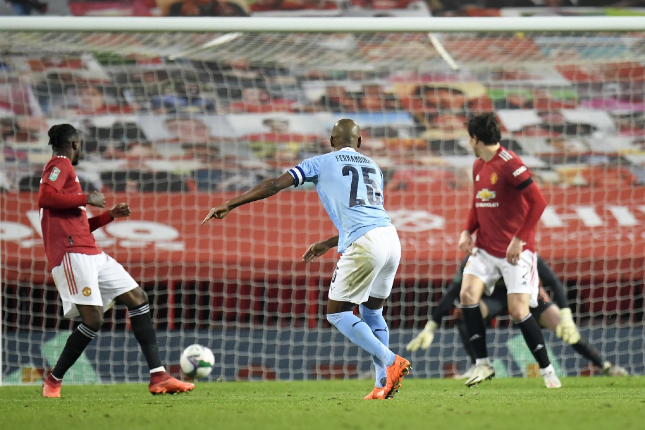 Manchester City's Fernandinho scores his side's second goal.