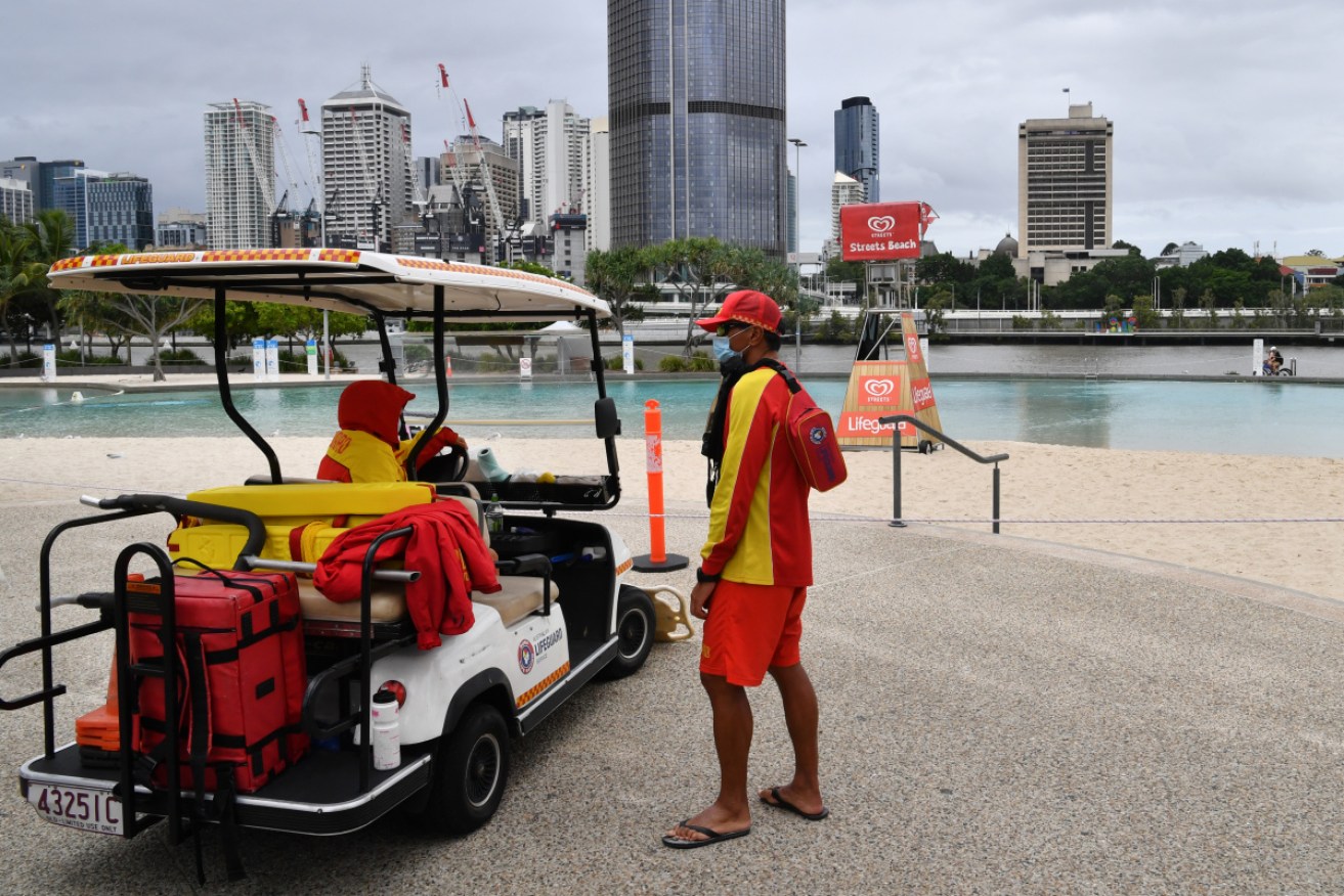 Lifeguards at the closed Streets Breach on Brisbane's South Bank on Saturday.