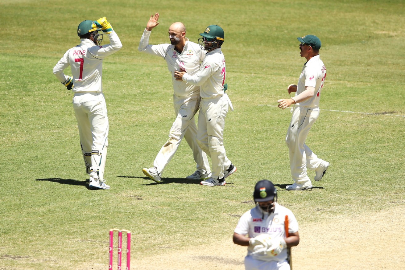 Nathan Lyon celebrates after taking the wicket of Rishabh Pant on day five of the Third Test.