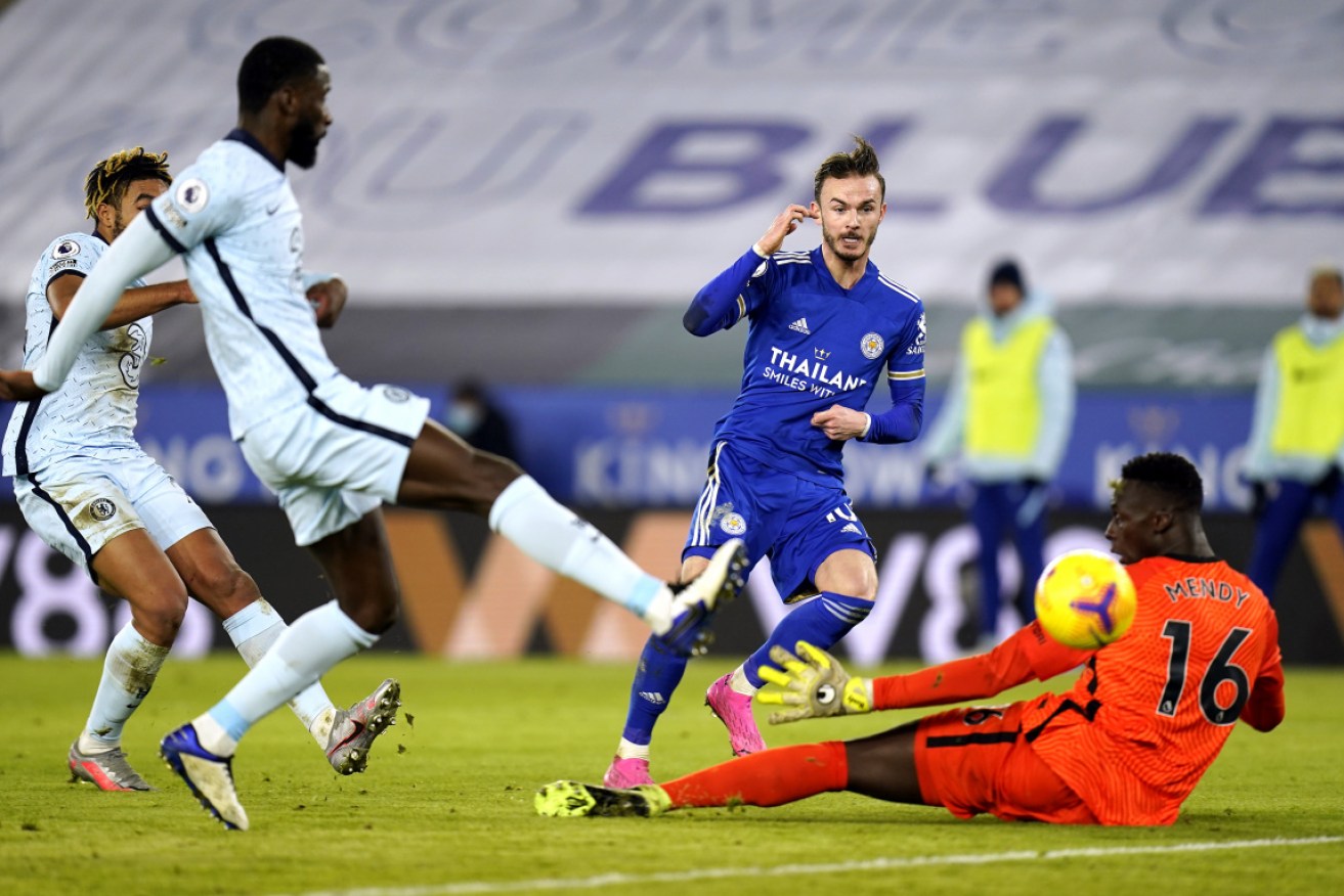 Leicester City's James Maddison scores his side's second goal.