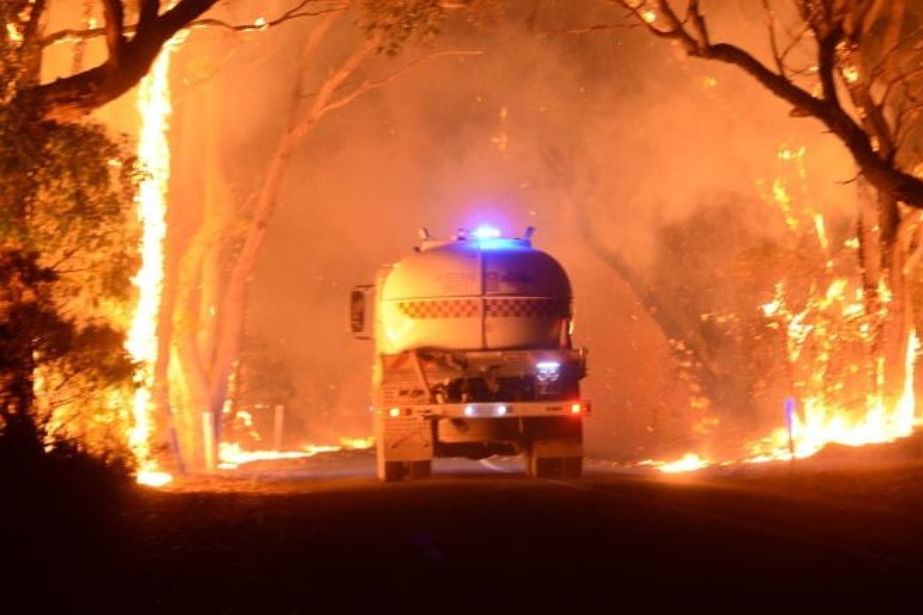 A CFS truck on Mount Bold Road at Bradbury amid the Cherry Gardens fire overnight. Photo: ABC News: CFS Promotions Unit