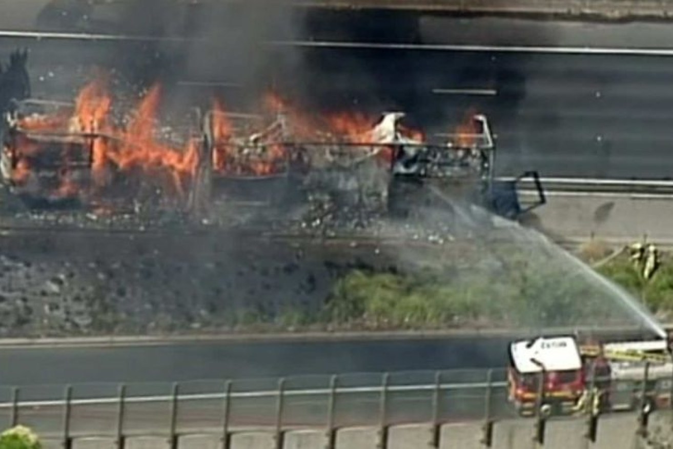 Commuters were forced off the freeway after the truck caught fire just before 11am.