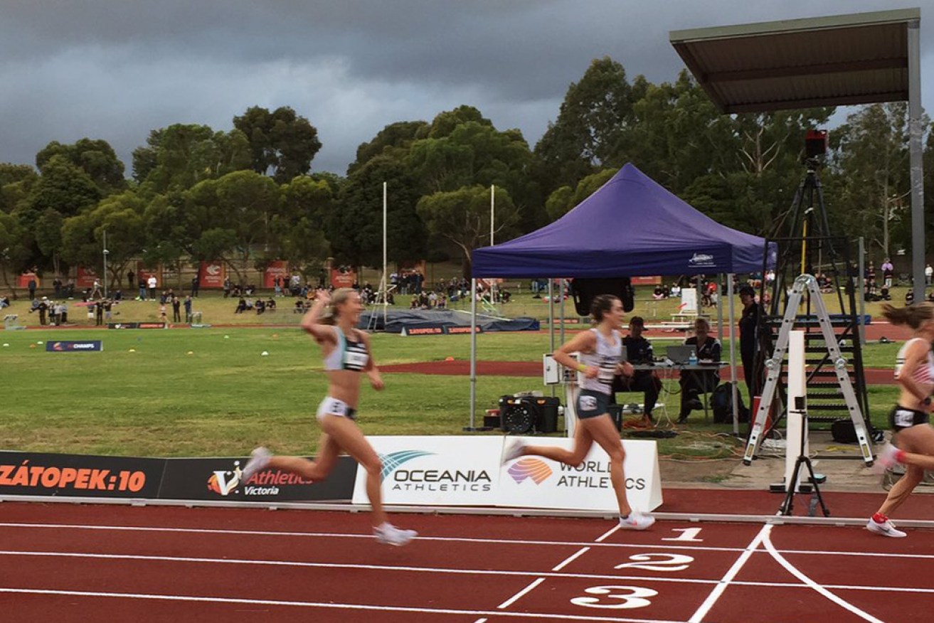 Rose Davies goes close to lapping her rivals in winning the Zatopek 10 in Melbourne on Tuesday. 
