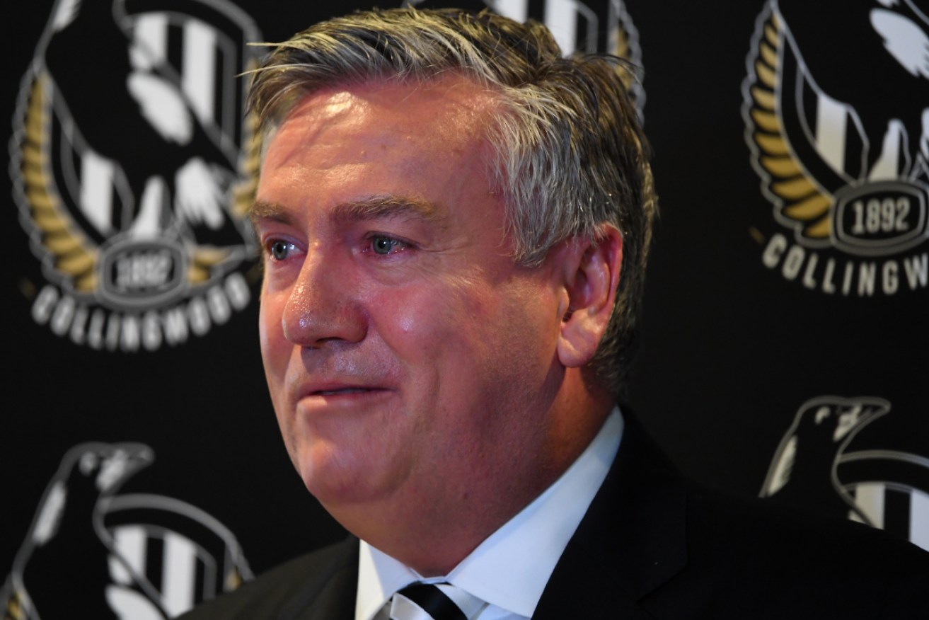 Emotional, defiant: Eddie McGuire stood down as Collingwood president on Tuesday. 