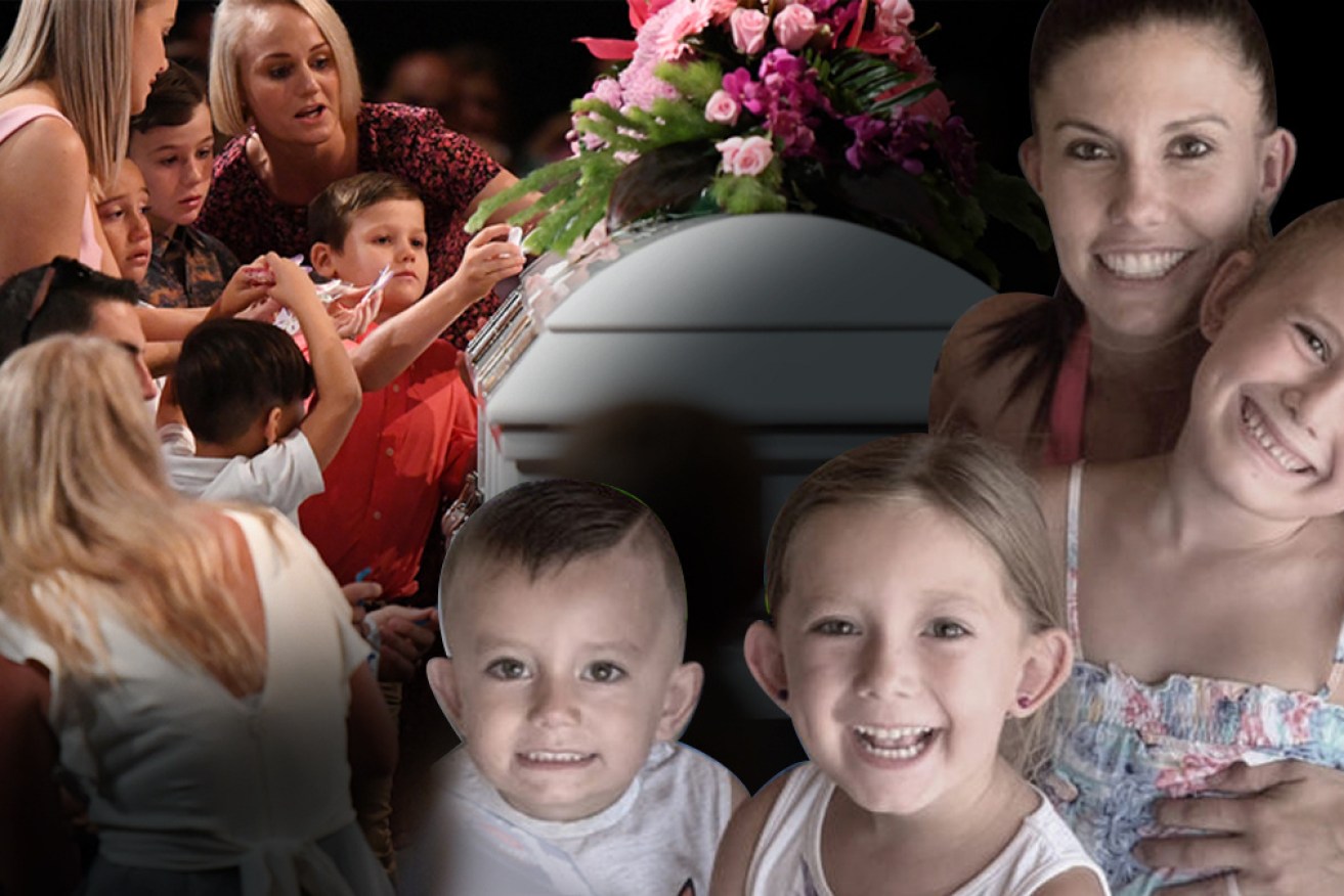 Hannah Clarke in life, right, with her three children. And left, her funeral.
