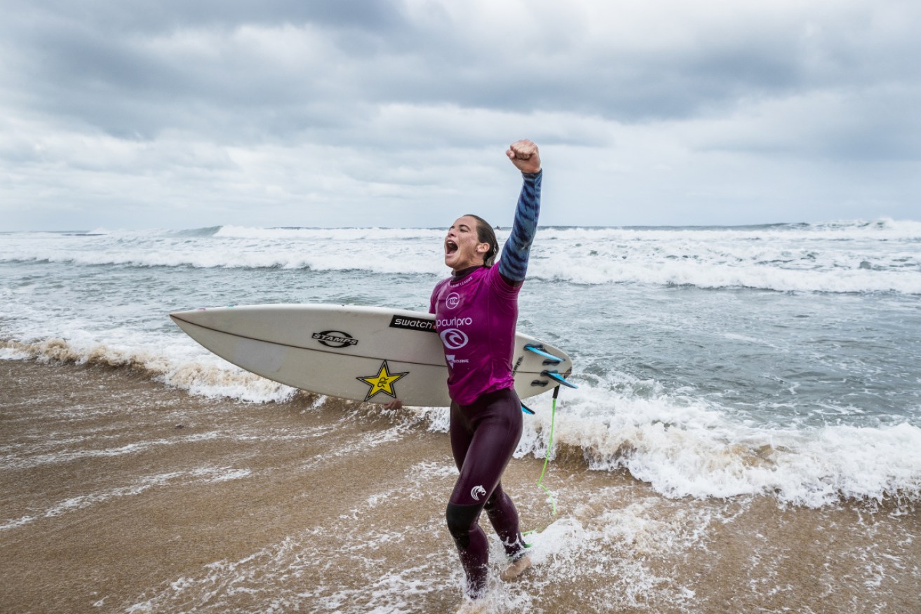 A jubilant Courtney Conlogue, of US, after winning the 2019 Rip Curl Pro at Bells Beach in Victoria.